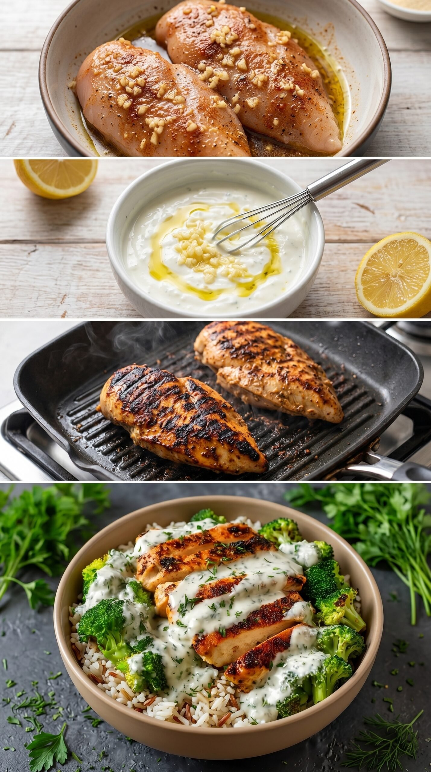 Grilled Chicken Broccoli Bowls with Creamy Garlic Sauce recipe instructions
