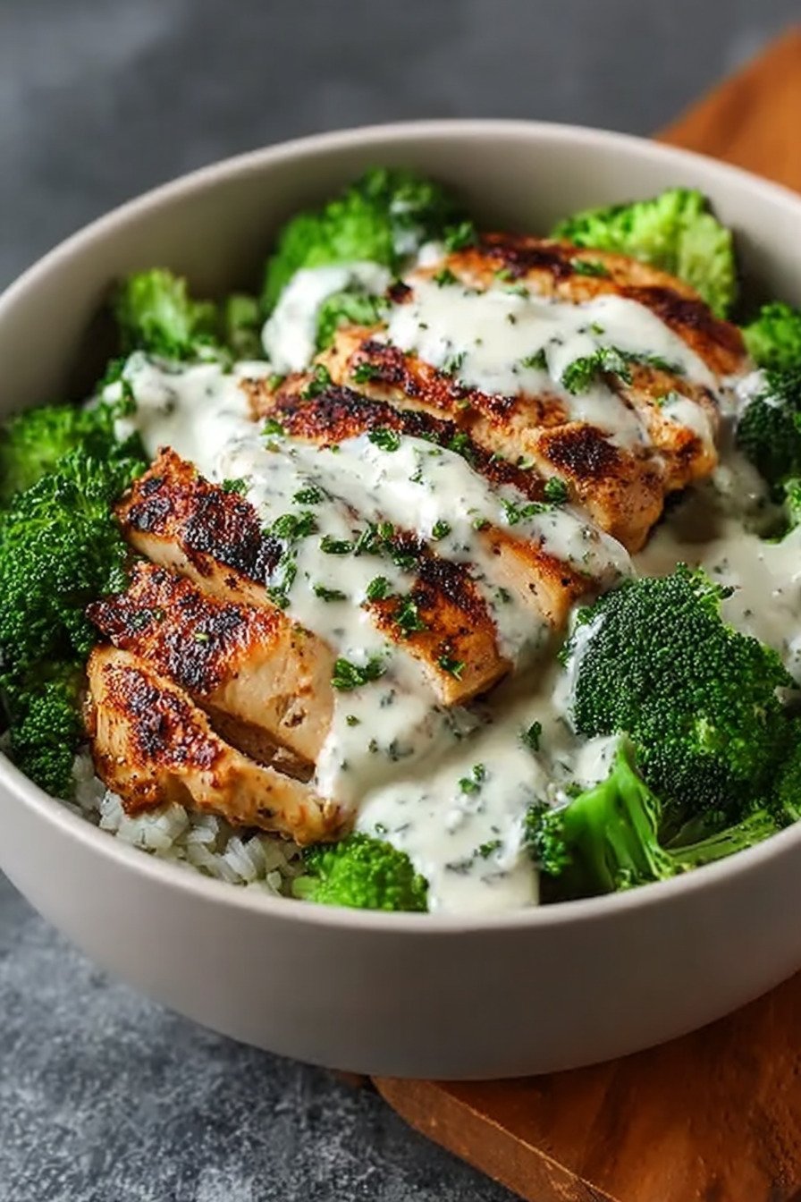 Grilled Chicken Broccoli Bowls with Creamy Garlic Sauce final result