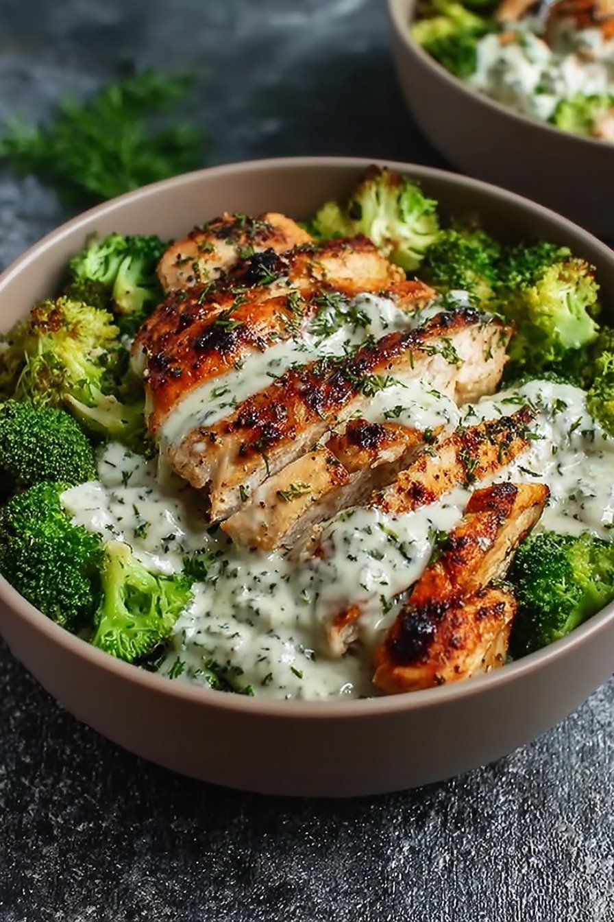 Grilled Chicken Broccoli Bowls with Creamy Garlic Sauce extra recipe photo