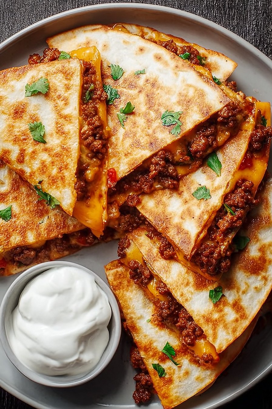 Ground Beef Quesadillas With A Crispy Golden-Brown Crust final result