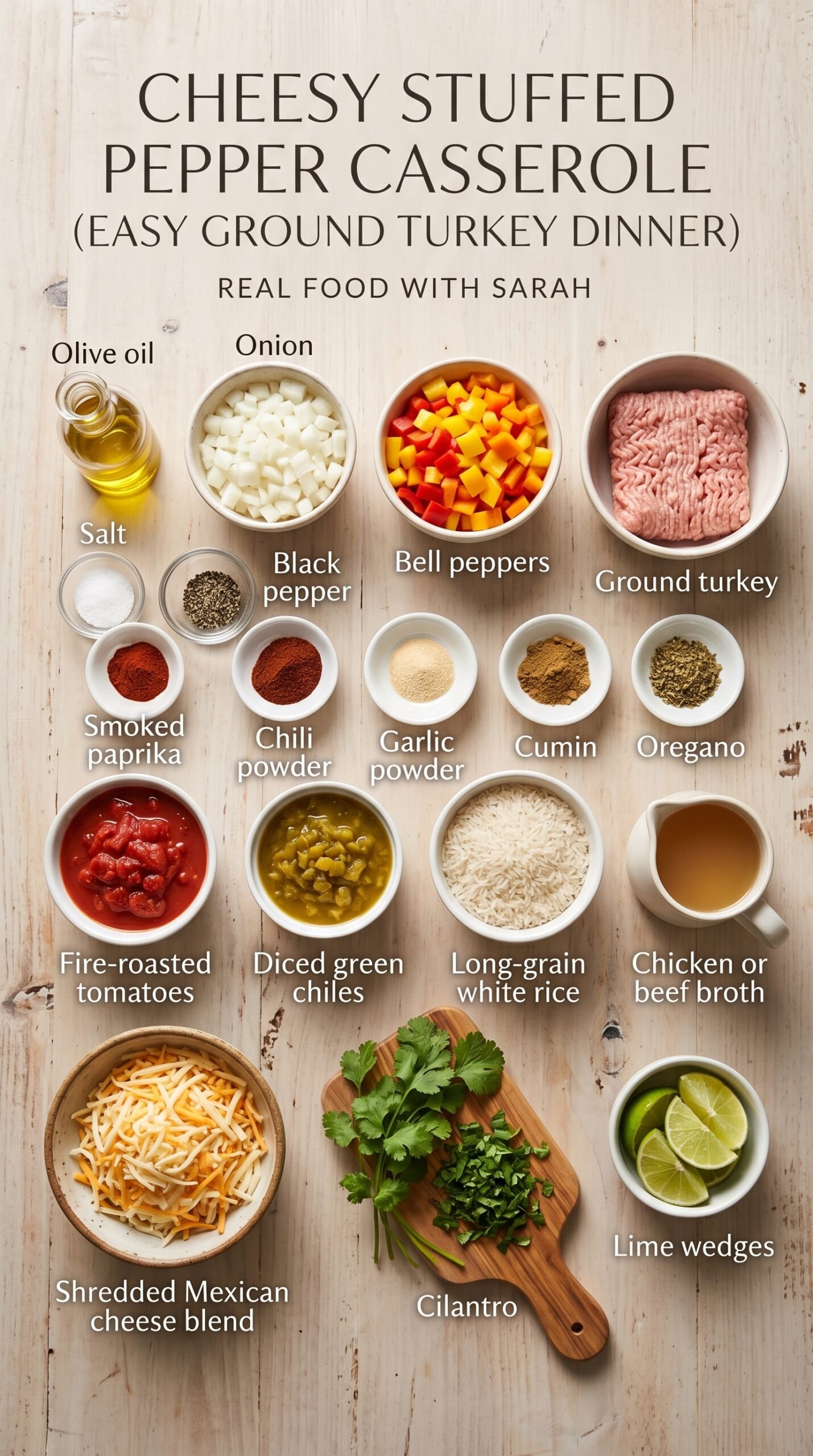 Cheesy Stuffed Pepper Casserole for an Easy Ground Turkey Dinner recipe ingredients